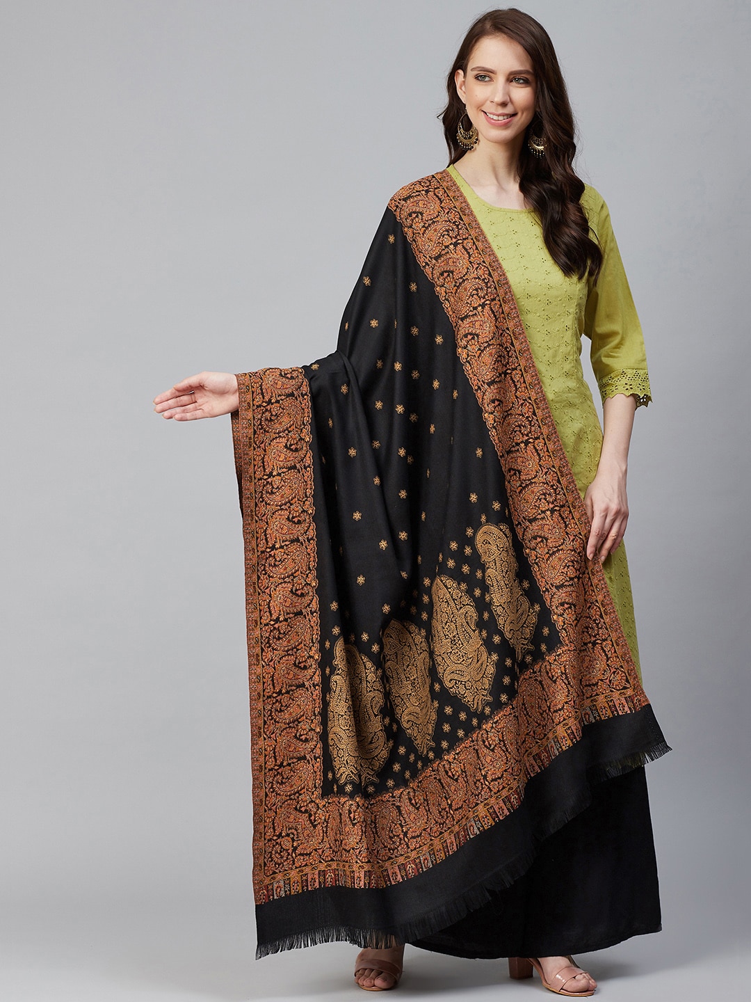 WEAVERS VILLA Women Black & Rust Orange Woven Design Shawl Price in India