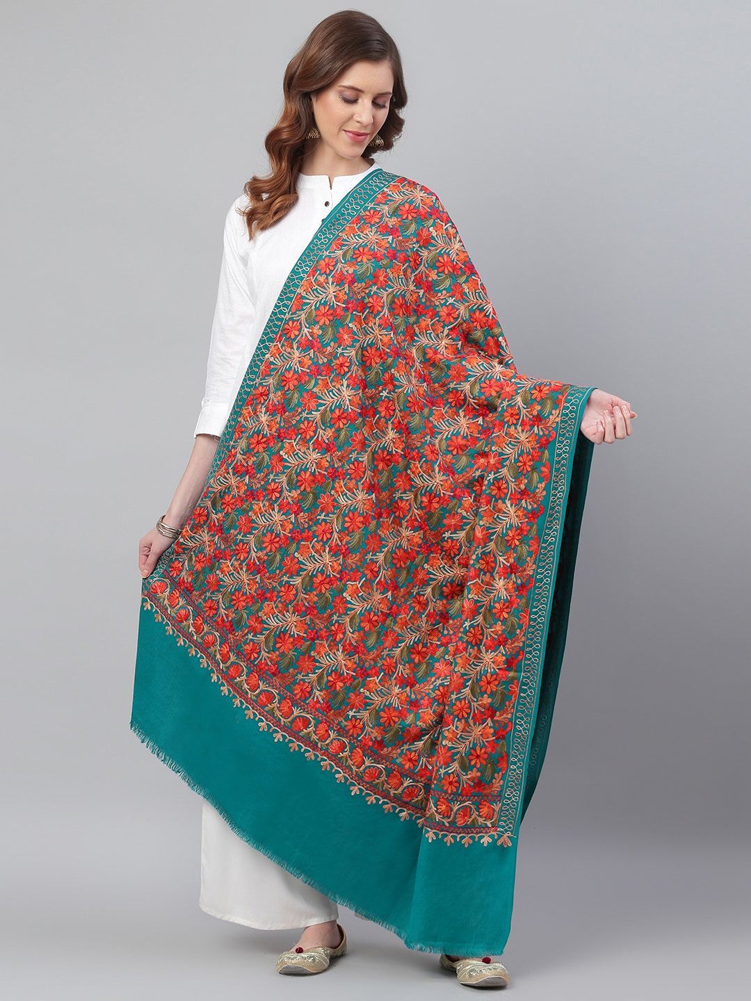 WEAVERS VILLA Women Green & Red Embroidered Shawl Price in India