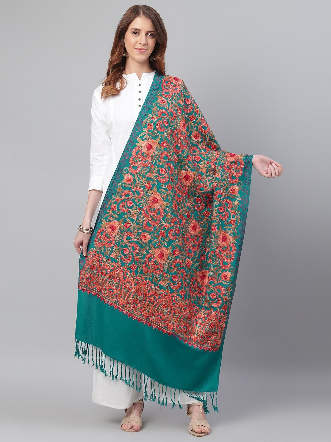 WEAVERS VILLA Women Teal Green & Red Embroidered Shawl Price in India