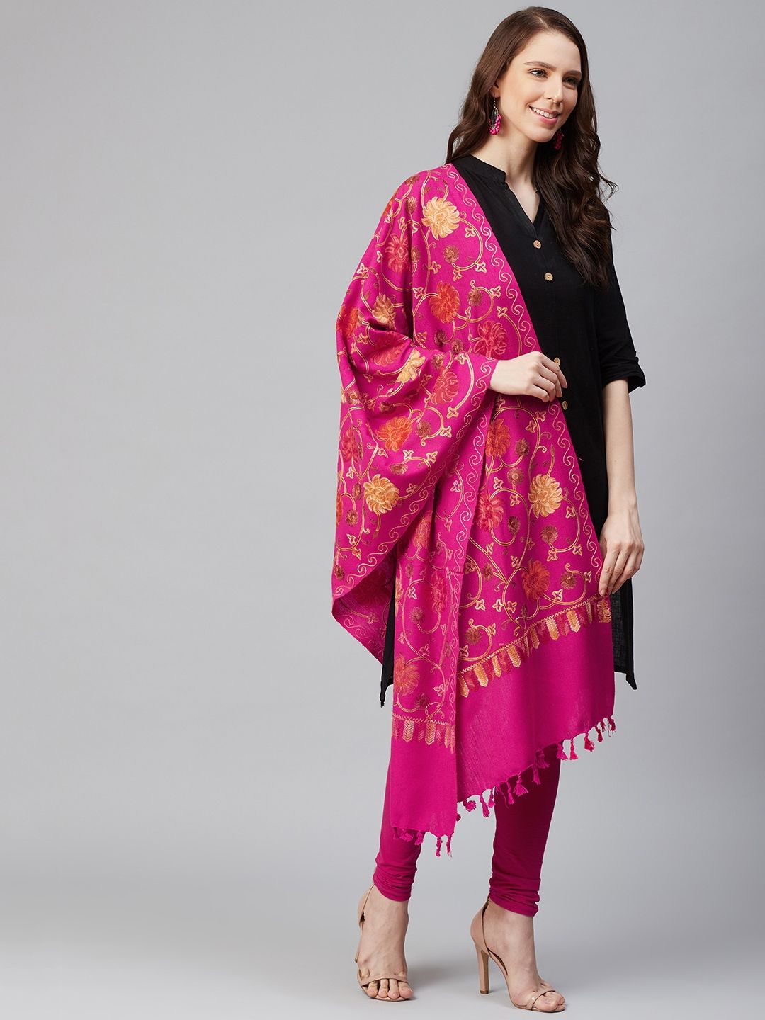 WEAVERS VILLA Women Pink & Mustard Yellow Floral Embroidered Shawl Price in India
