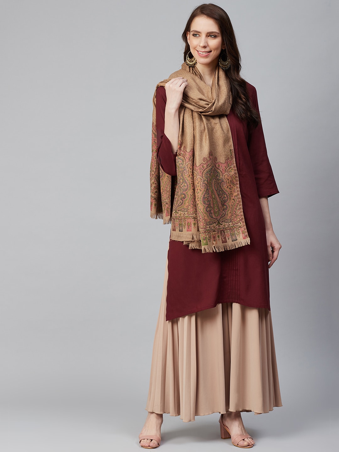 WEAVERS VILLA Women Beige Woven Design Shawl Price in India