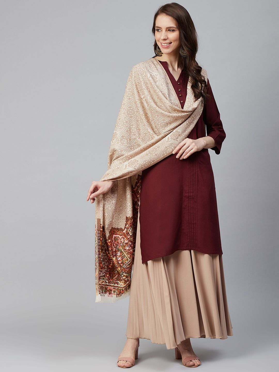 WEAVERS VILLA Women Beige & Red Woven Design Shawl Price in India