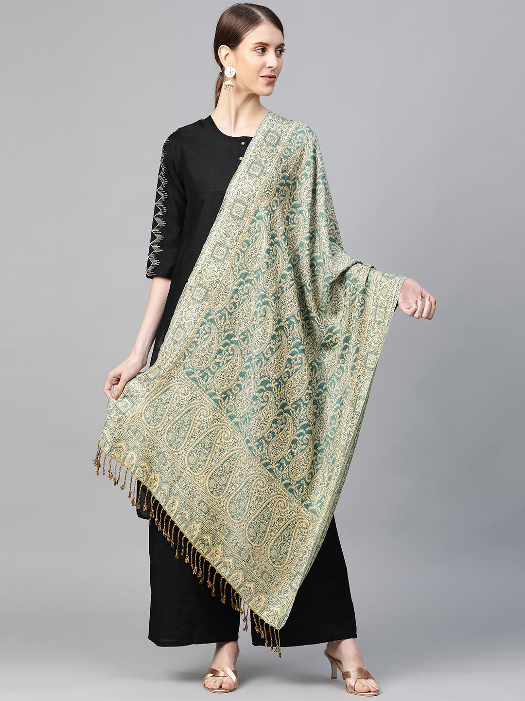 WEAVERS VILLA Women Green & Beige Paisley Woven Design Tasselled Stole Price in India