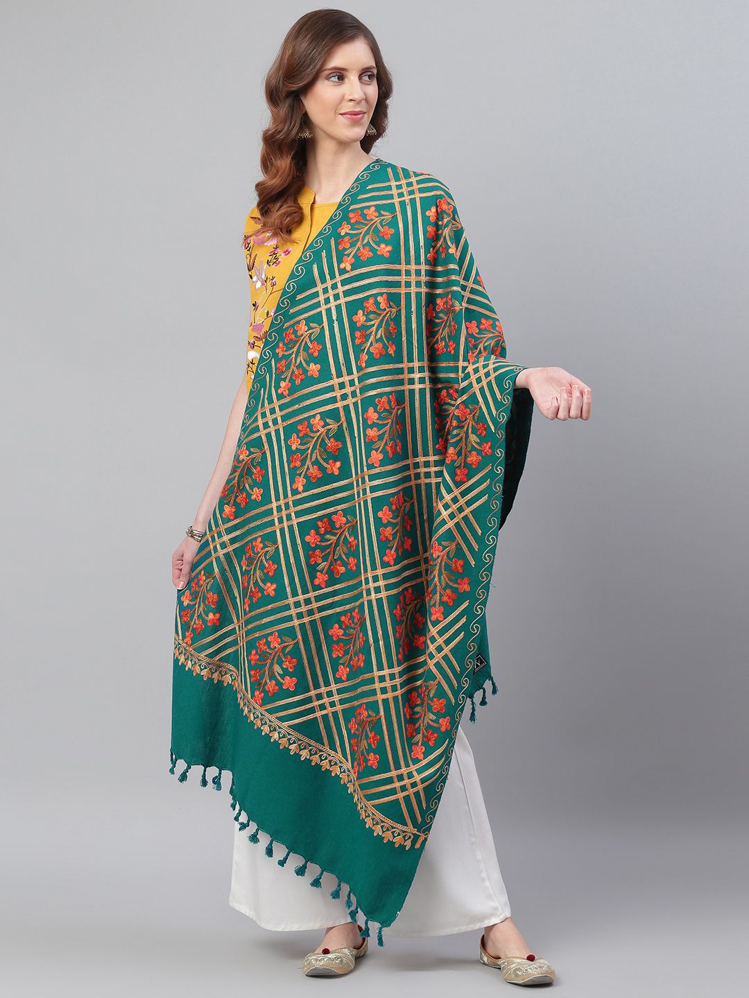 WEAVERS VILLA Women Teal Green & Orange Aari Work Embroidered Shawl Price in India