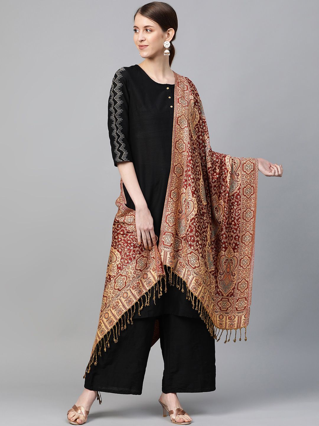 WEAVERS VILLA Women Maroon & Beige Woven Design Tasselled Stole Price in India