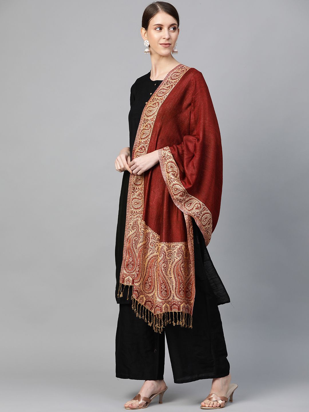 WEAVERS VILLA Women Maroon & Beige Woven Design Stole Price in India