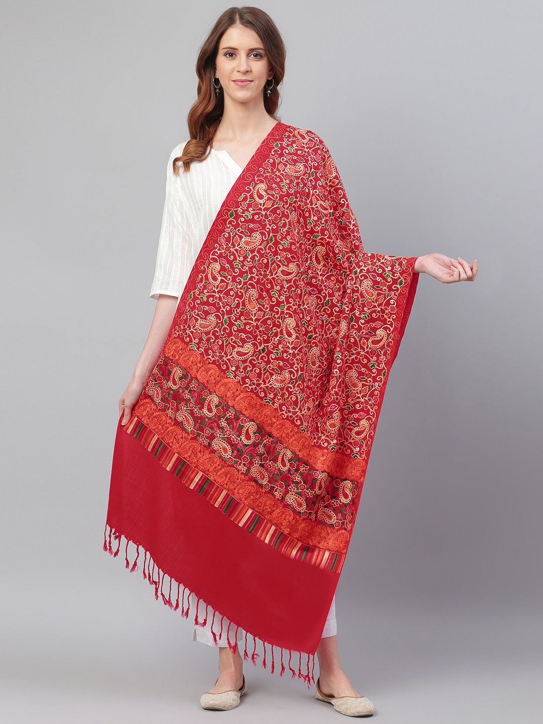 WEAVERS VILLA Women Red & Beige Paisley Embroidered Shawl Price in India