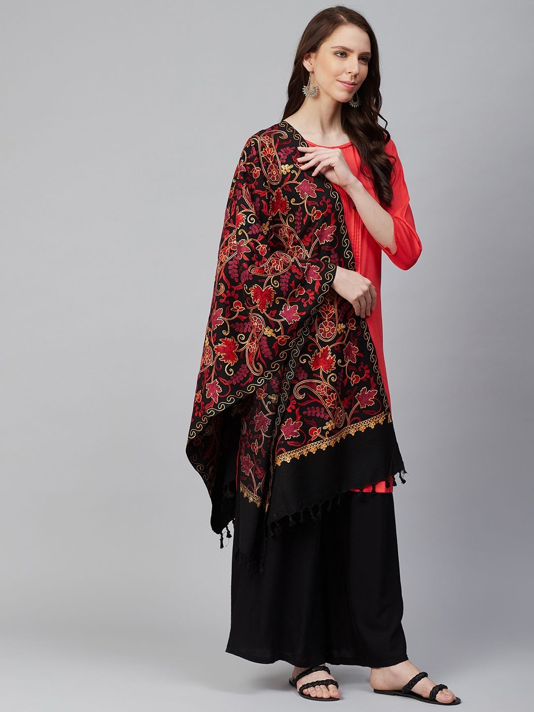 WEAVERS VILLA Women Black & Red Embroidered Shawl Price in India
