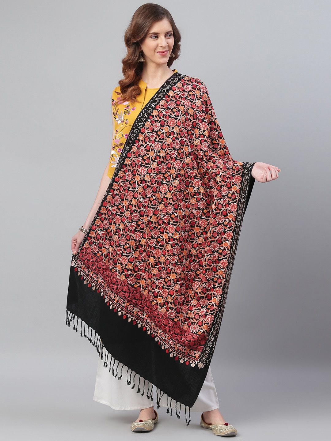 WEAVERS VILLA Women Black & Pink Embroidered Shawl Price in India