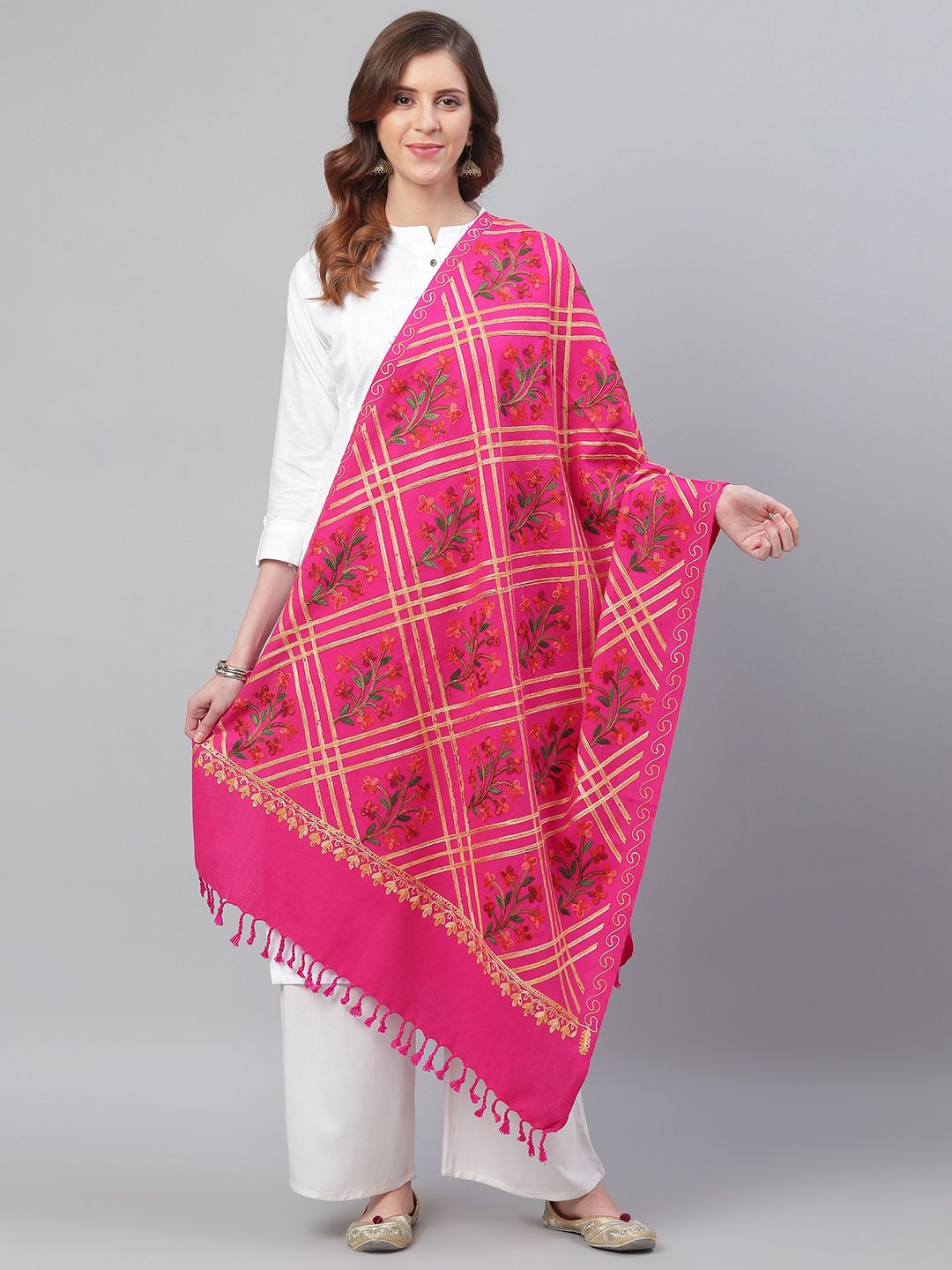 WEAVERS VILLA Women Pink & Beige Embroidered Shawl Price in India