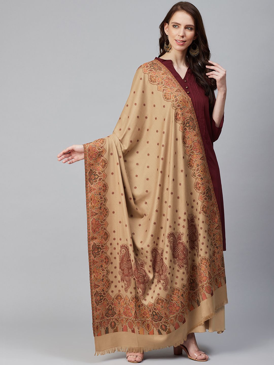 WEAVERS VILLA Women Beige & Brown Woven Design Shawl Price in India