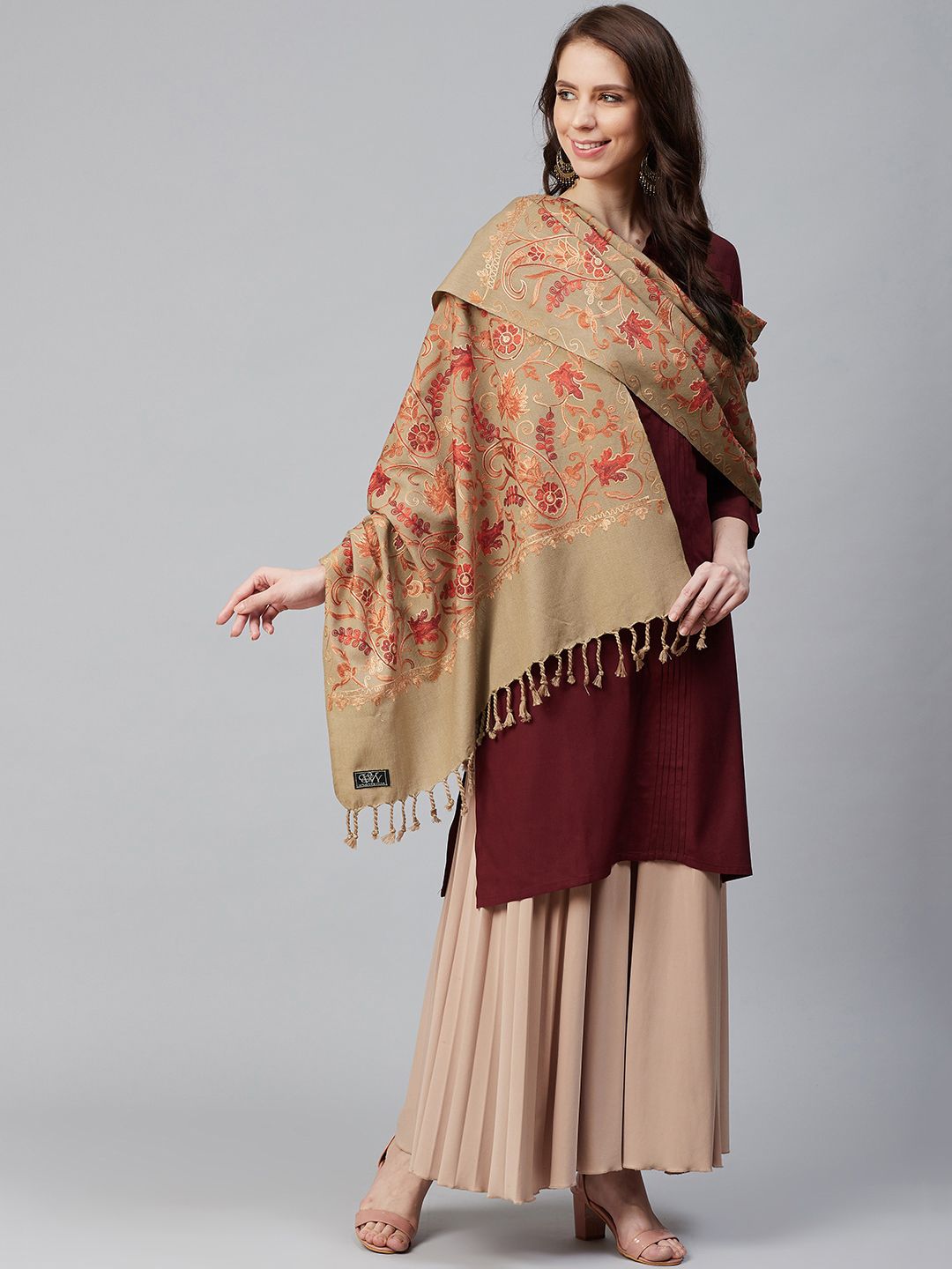 WEAVERS VILLA Women Beige & Red Embroidered Shawl Price in India