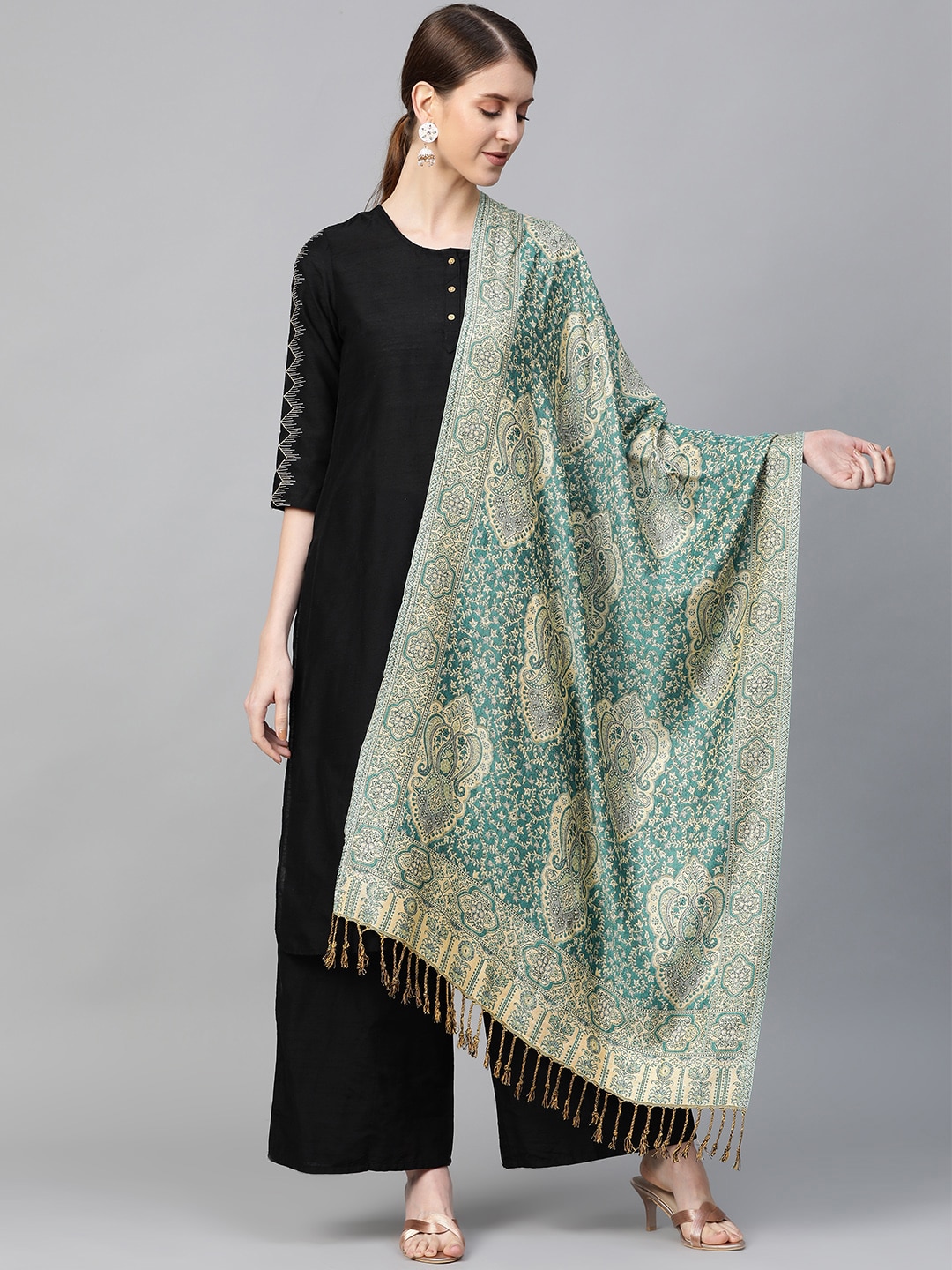 WEAVERS VILLA Women Green & Beige Woven Design Tasselled Stole Price in India