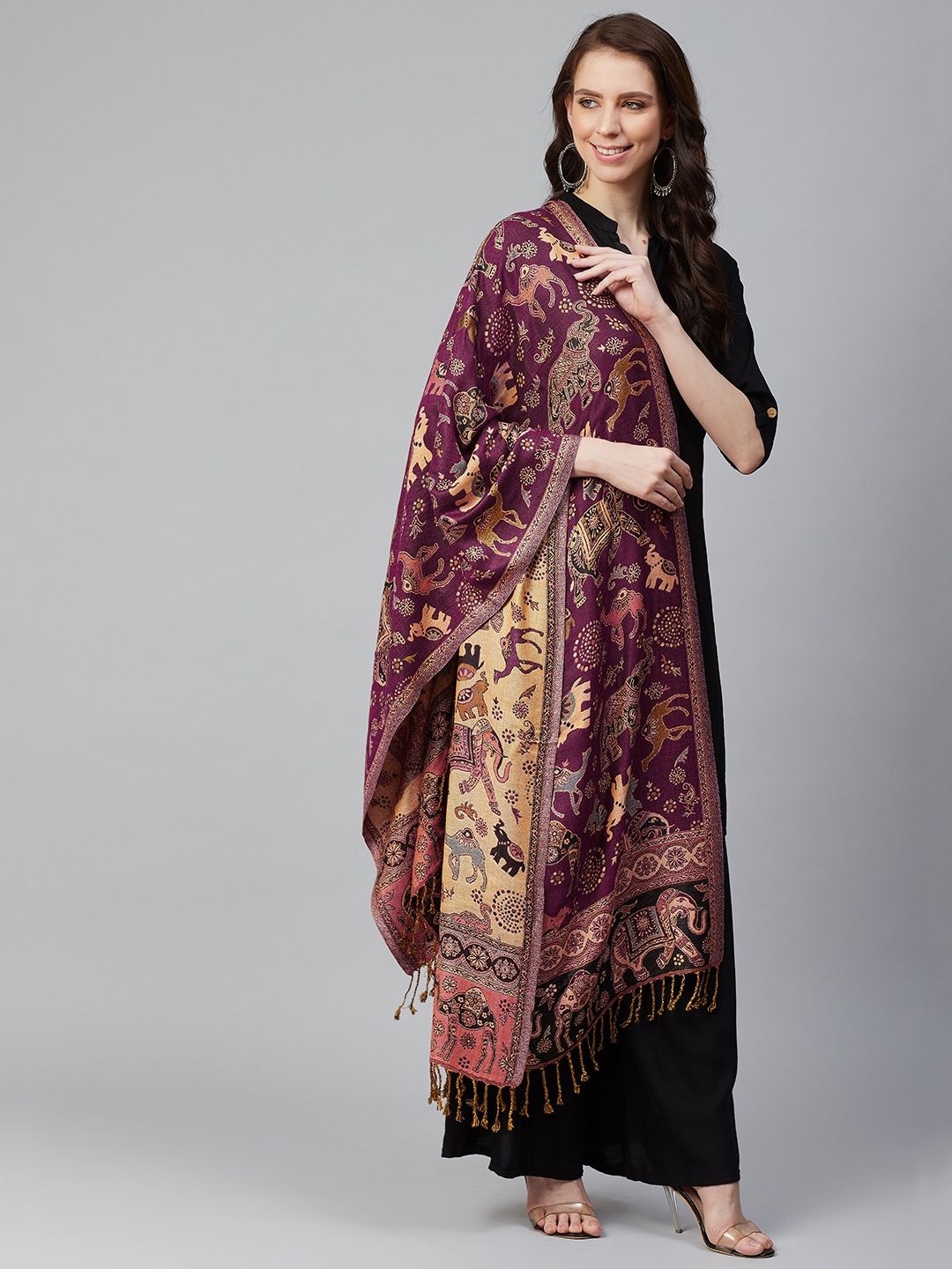 WEAVERS VILLA Women Pink & Beige Woven Design Stole Price in India