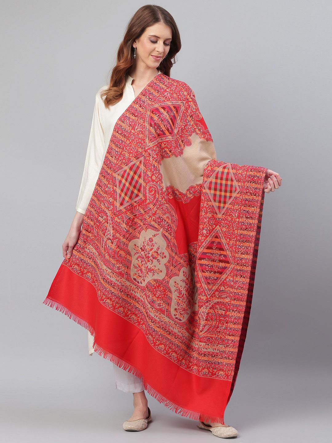 WEAVERS VILLA Women Red & Beige Woven Design Shawl Price in India