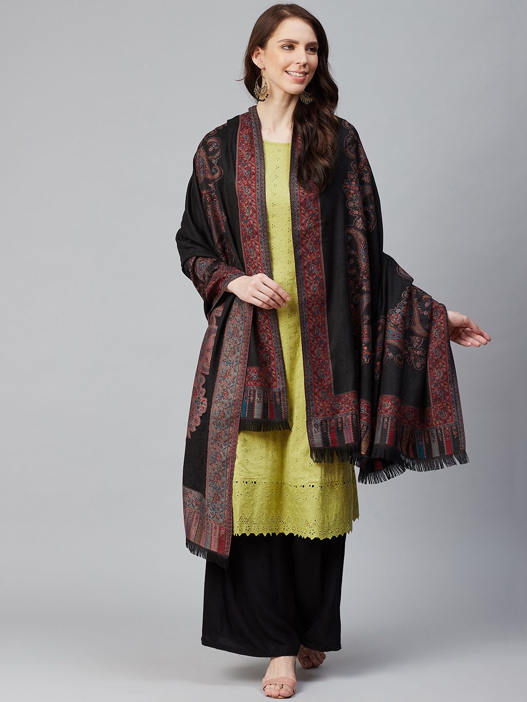 WEAVERS VILLA Women Black & Red Woven Design Shawl Price in India