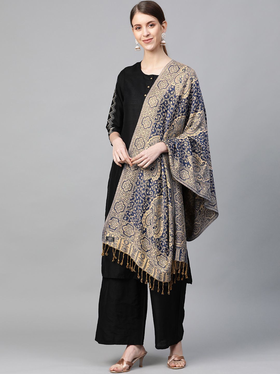 WEAVERS VILLA Women Navy Blue & Beige Woven Design Tasselled Stole Price in India