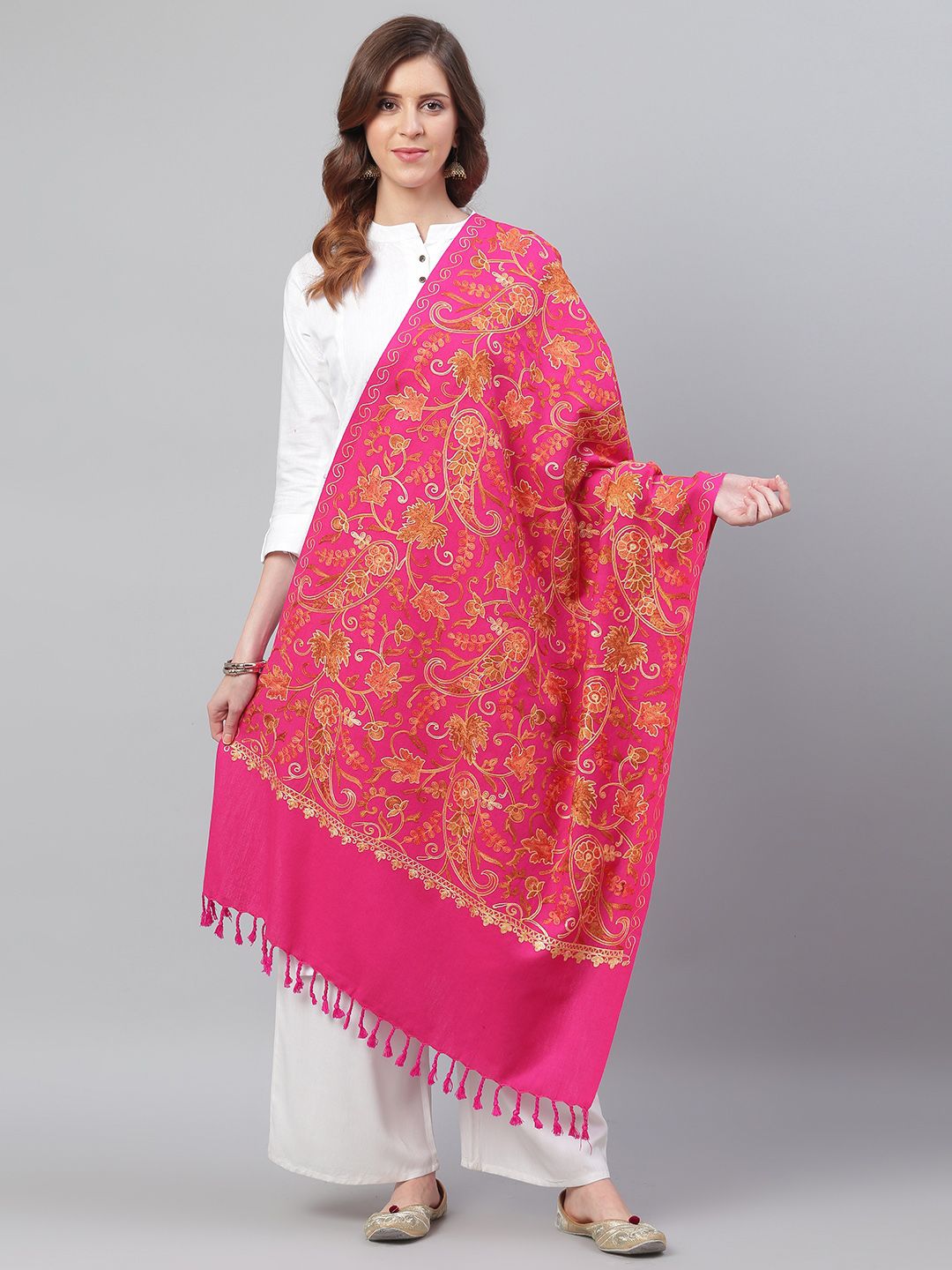 WEAVERS VILLA Women Pink & Orange Aari Work Paisley Embroidered Shawl Price in India