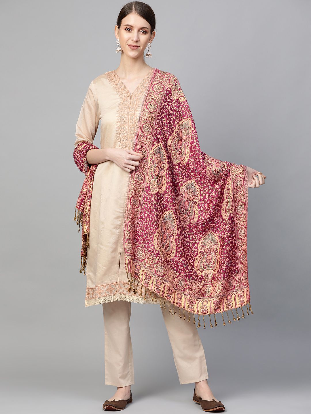 WEAVERS VILLA Women Pink & Beige Woven Design Tasselled Stole Price in India