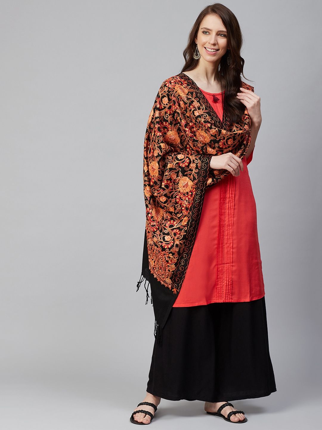 WEAVERS VILLA Women Black & Orange Embroidered Shawl Price in India