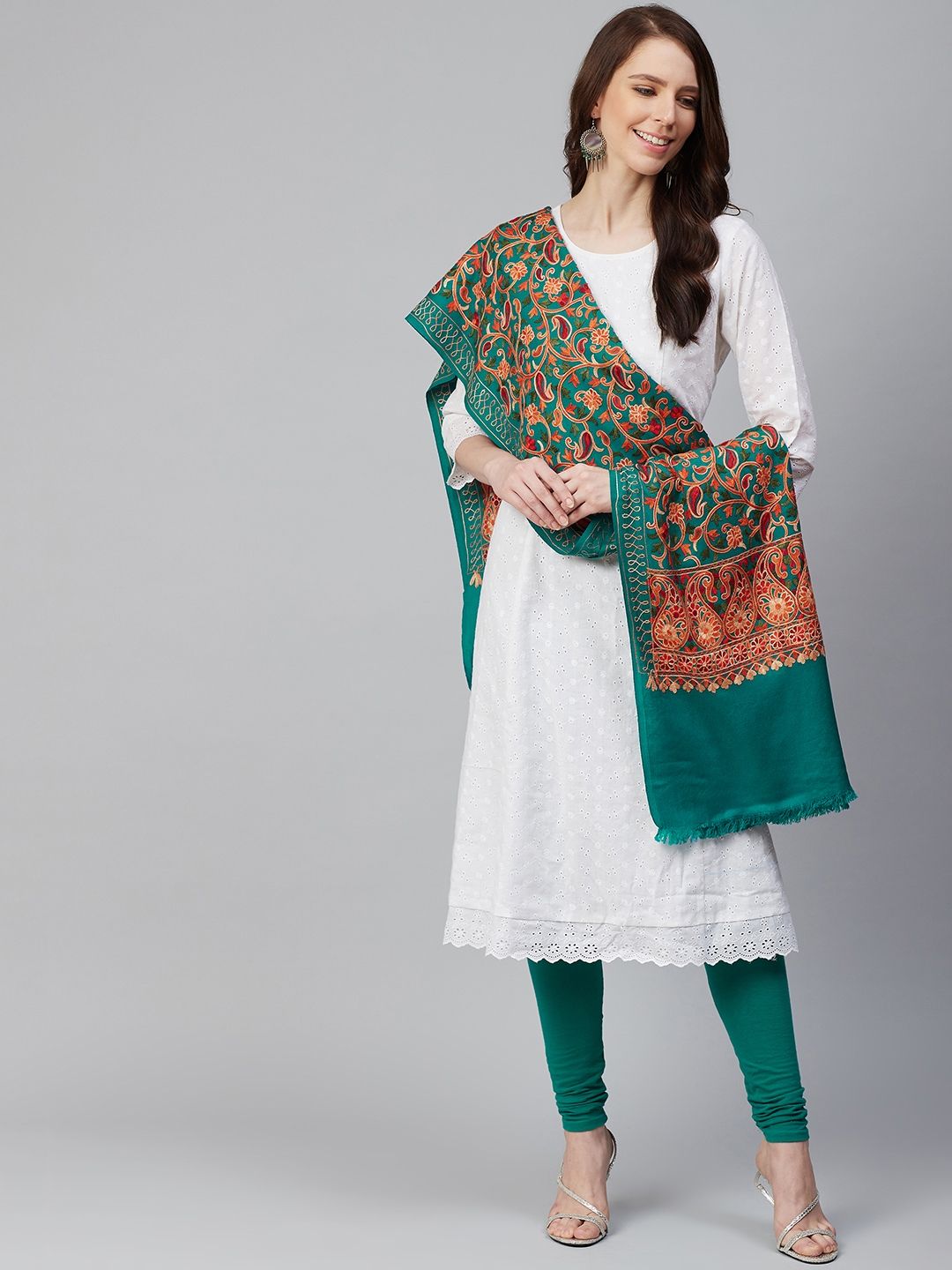 WEAVERS VILLA Women Green & Orange Embroidered Shawl Price in India