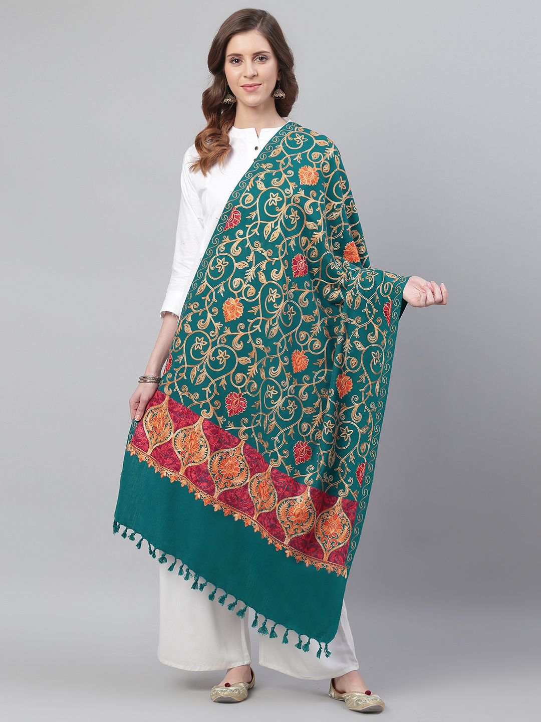 WEAVERS VILLA Women Teal Green & Golden Aari Work Embroidered Shawl Price in India