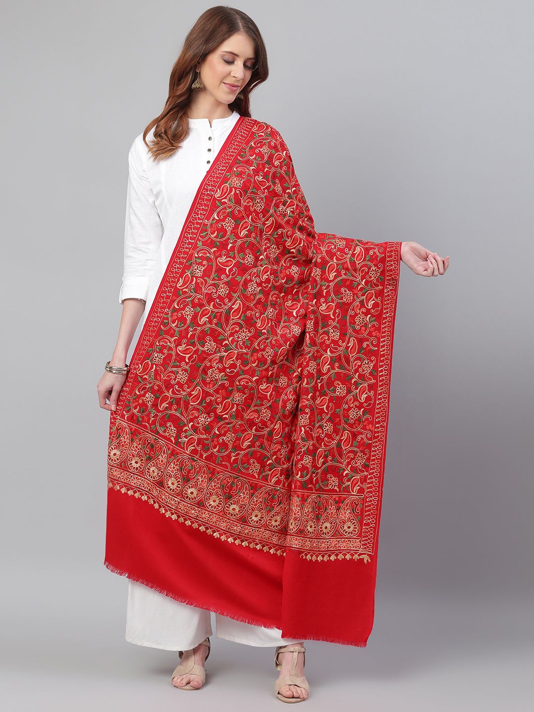 WEAVERS VILLA Red & Beige Paisley Embroidered Shawl Price in India