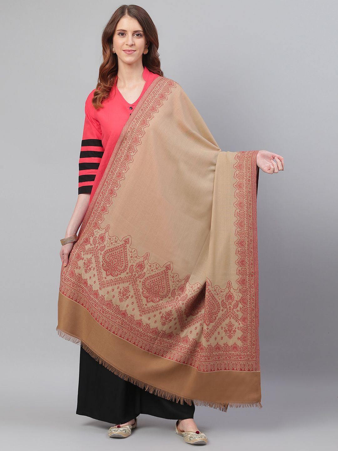 WEAVERS VILLA Women Beige & Maroon Woven Design Detail Shawl Price in India