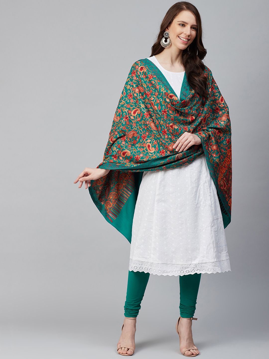 WEAVERS VILLA Women Green & Red Paisley Embroidered Shawl Price in India