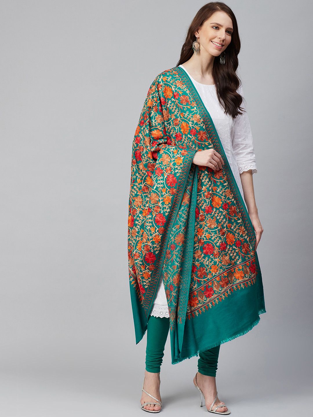 WEAVERS VILLA Women Green & Orange Floral Embroidered Shawl Price in India