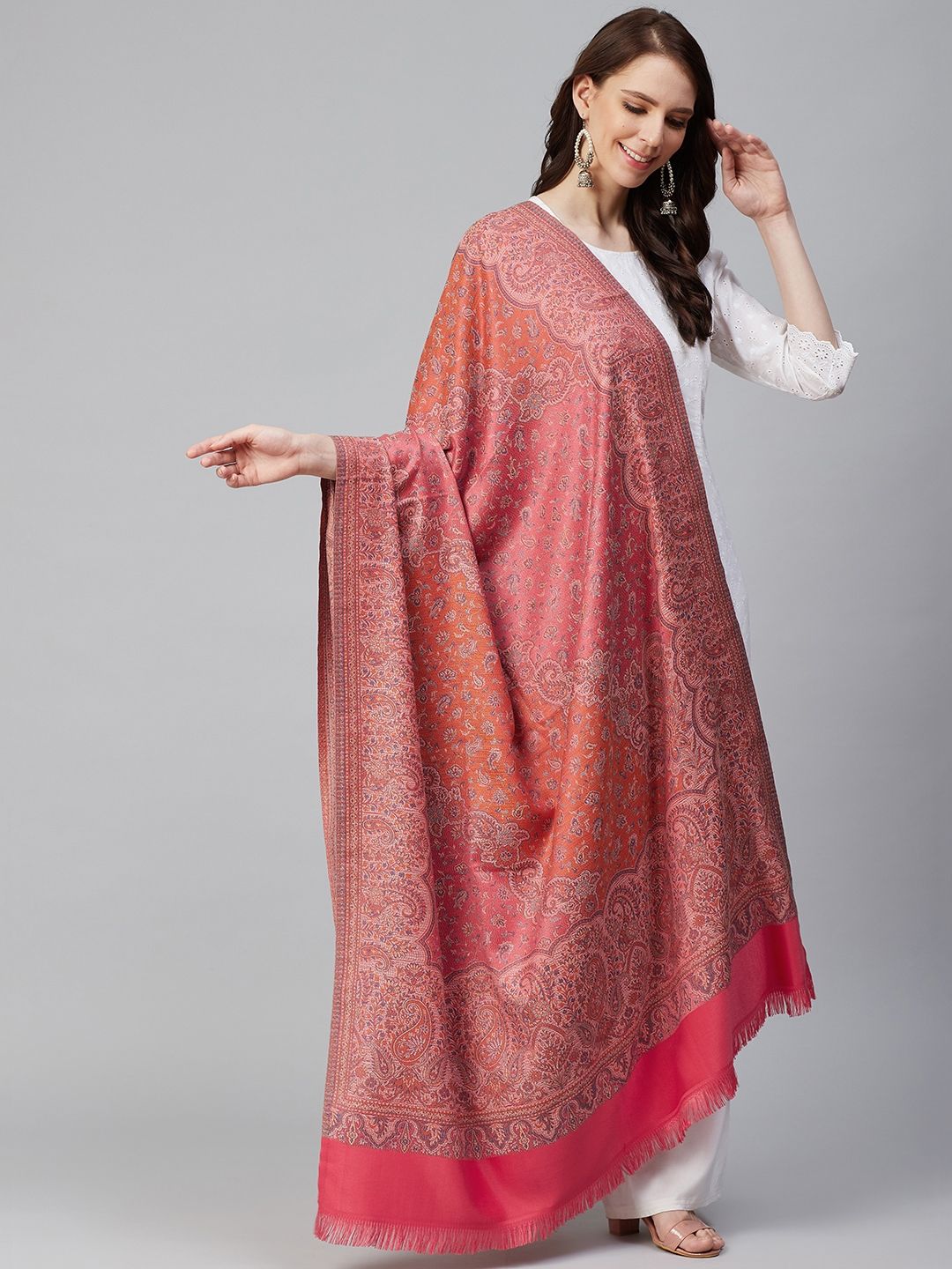 WEAVERS VILLA Women Pink & Orange Woven Design Shawl Price in India