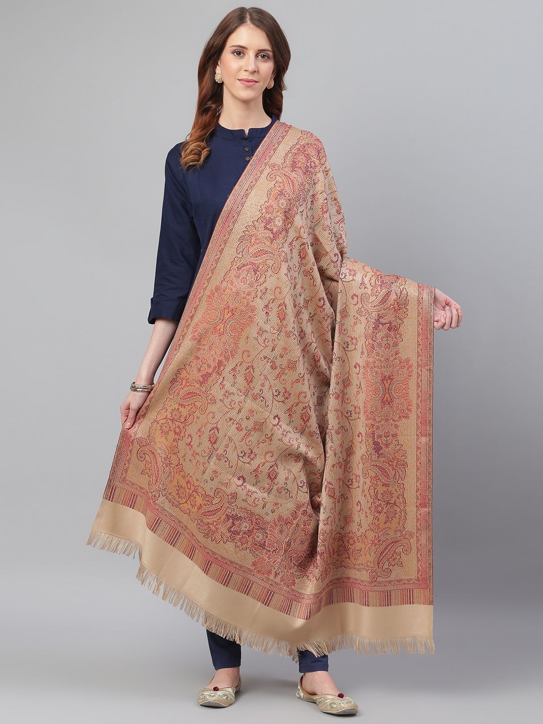WEAVERS VILLA Beige & Red Ethnic Woven Design Shawl Price in India