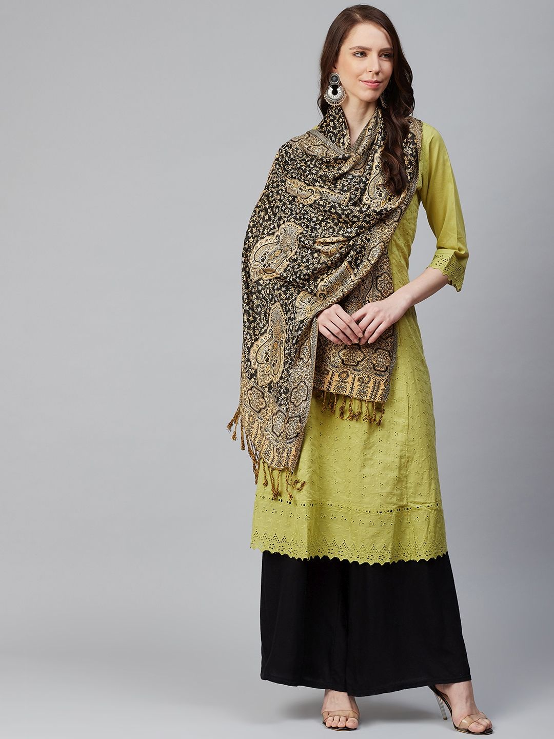 WEAVERS VILLA Women Black & Beige Woven Design Stole Price in India