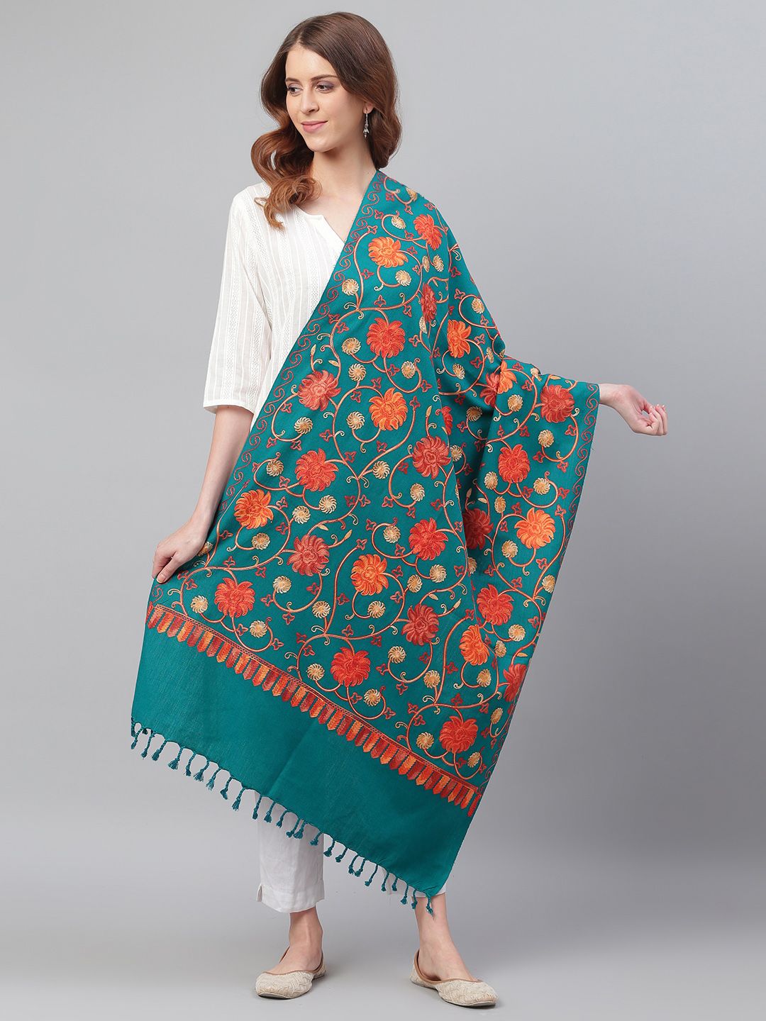 WEAVERS VILLA Women Teal Green & Orange Floral Embroidered Shawl Price in India
