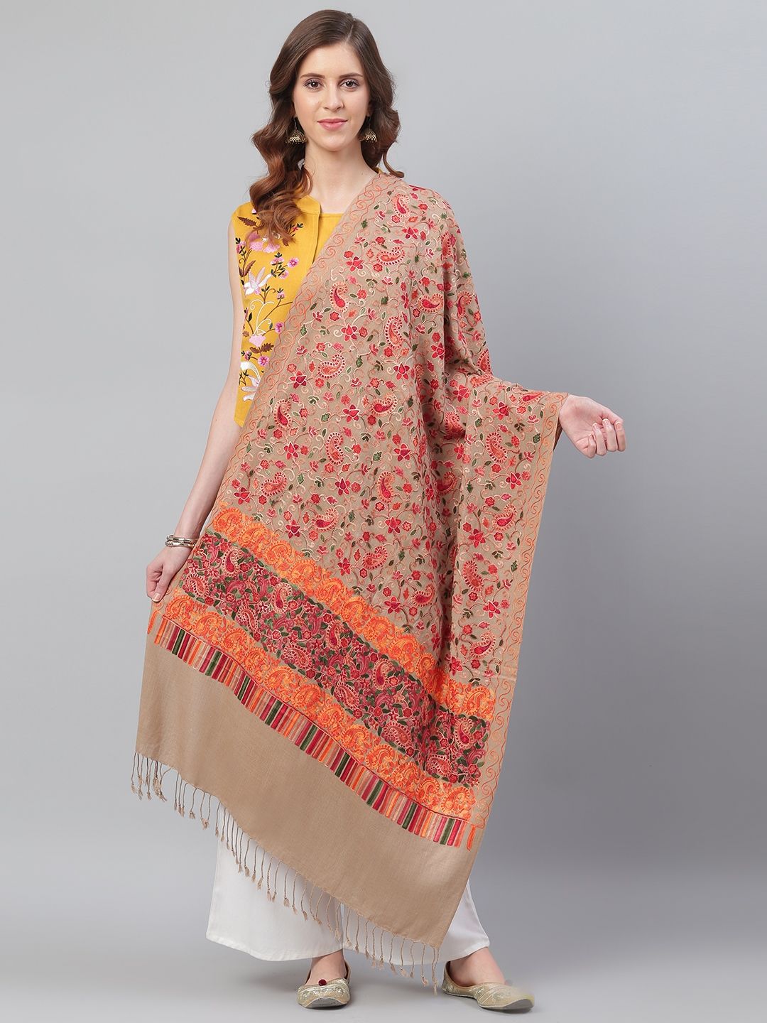 WEAVERS VILLA Women Beige & Red Aari Work Embroidered Shawl Price in India