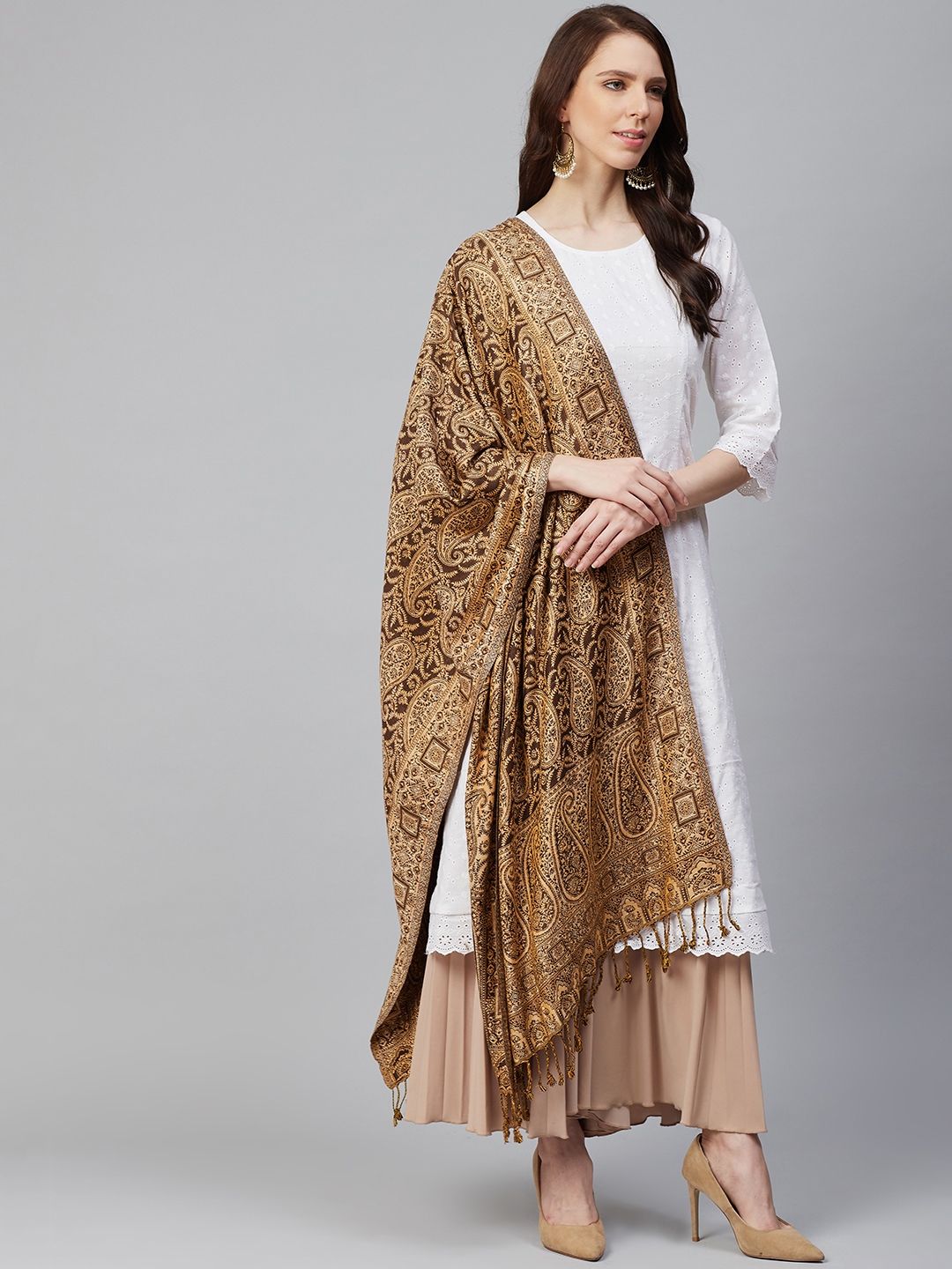 WEAVERS VILLA Women Brown & Beige Woven Design Stole Price in India