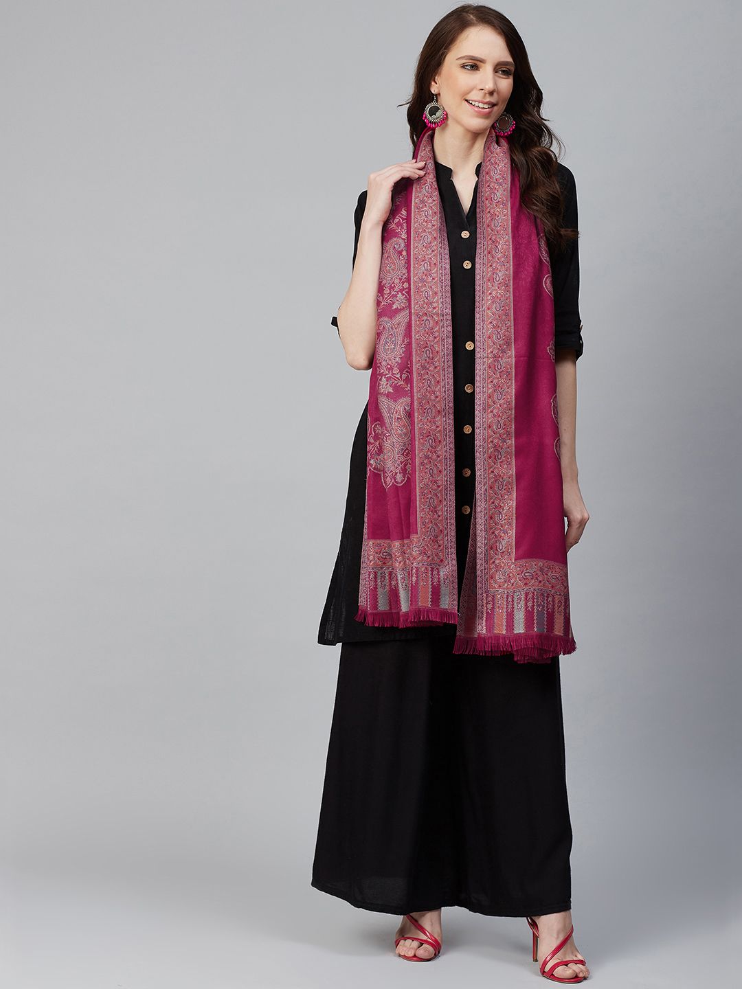 WEAVERS VILLA Women Magenta Woven Design Shawl Price in India