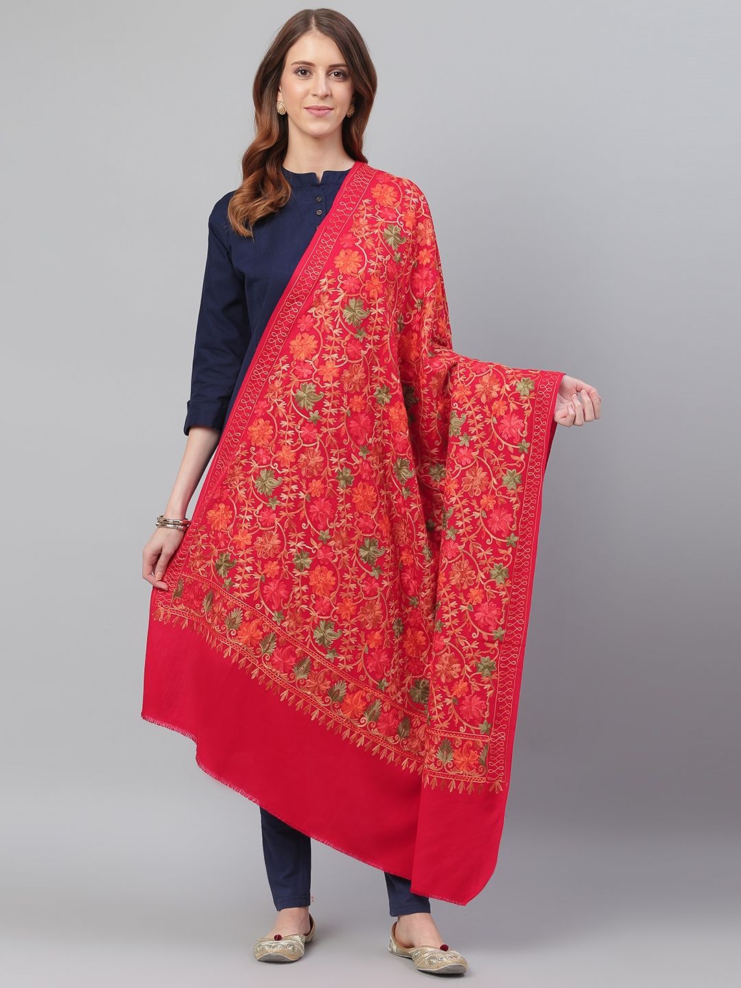 WEAVERS VILLA Women Red & Beige Embroidered Shawl Price in India