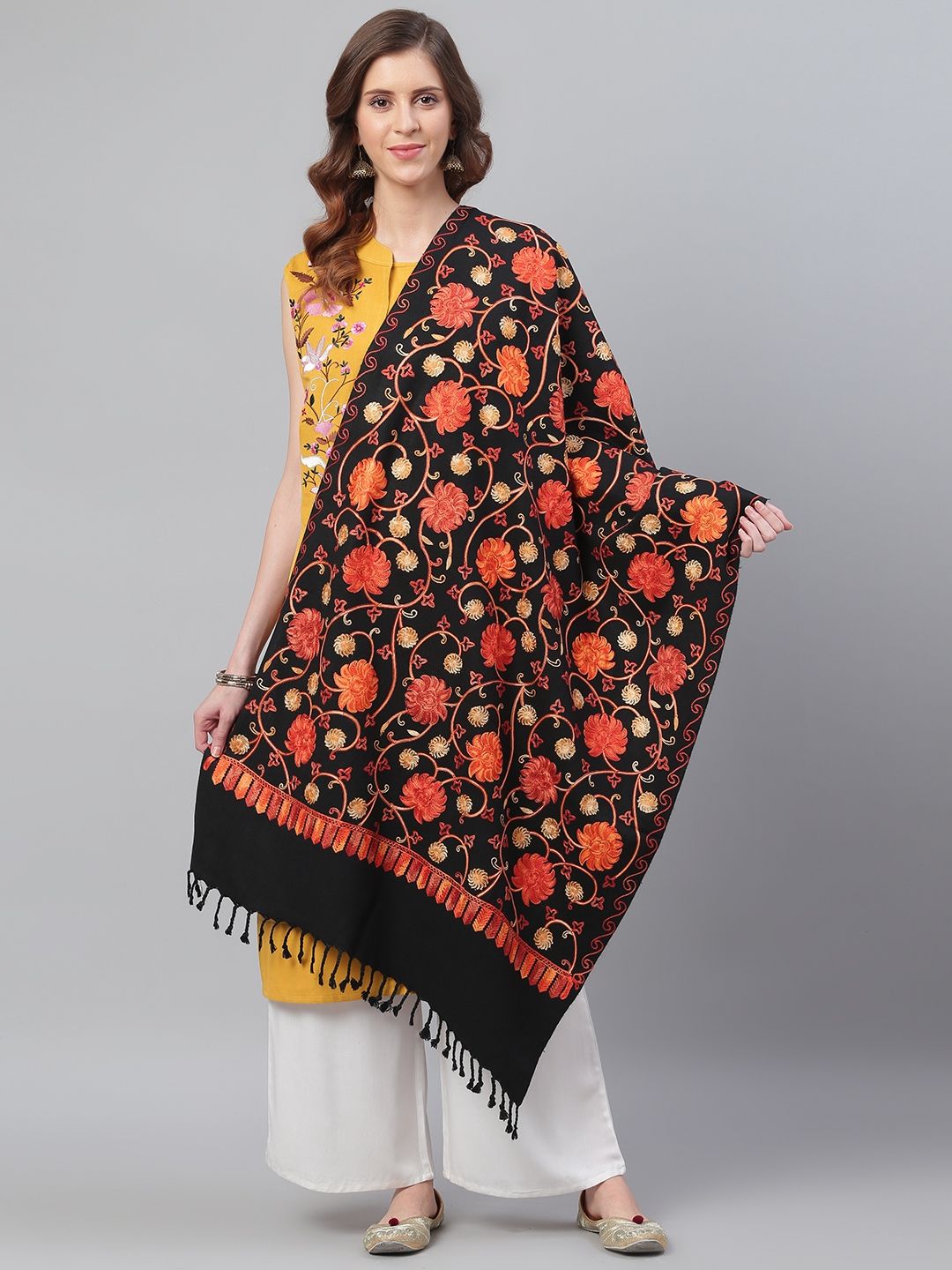 WEAVERS VILLA Women Black & Orange Floral Embroidered Shawl Price in India