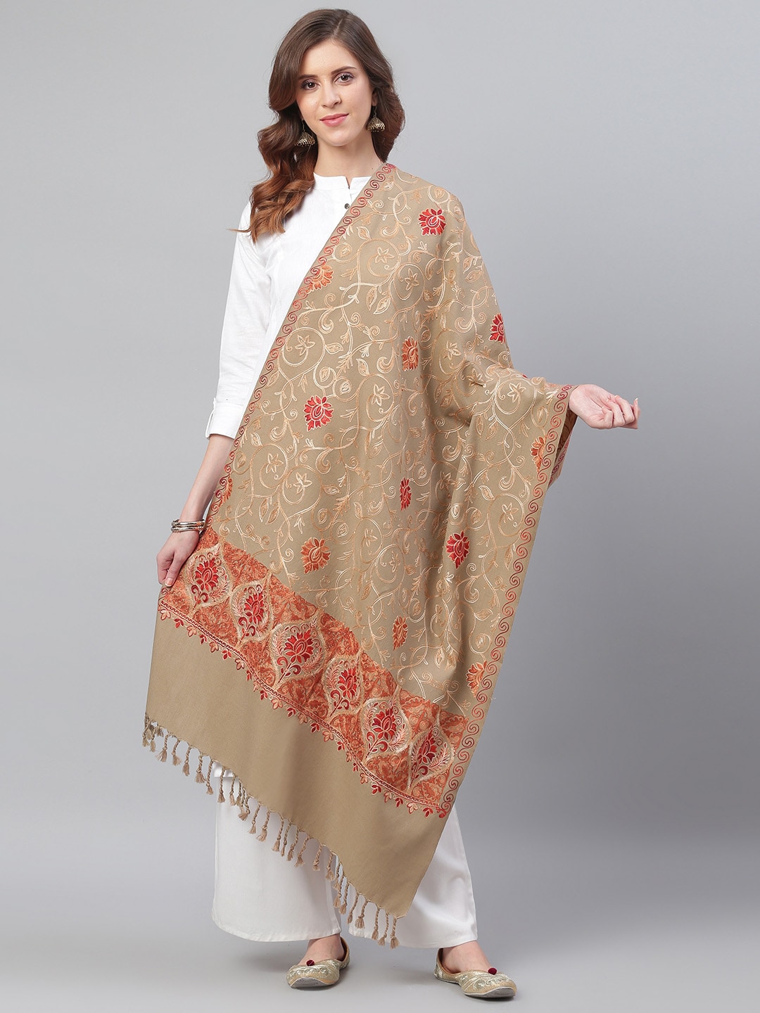 WEAVERS VILLA Women Beige & Red Embroidered Shawl Price in India