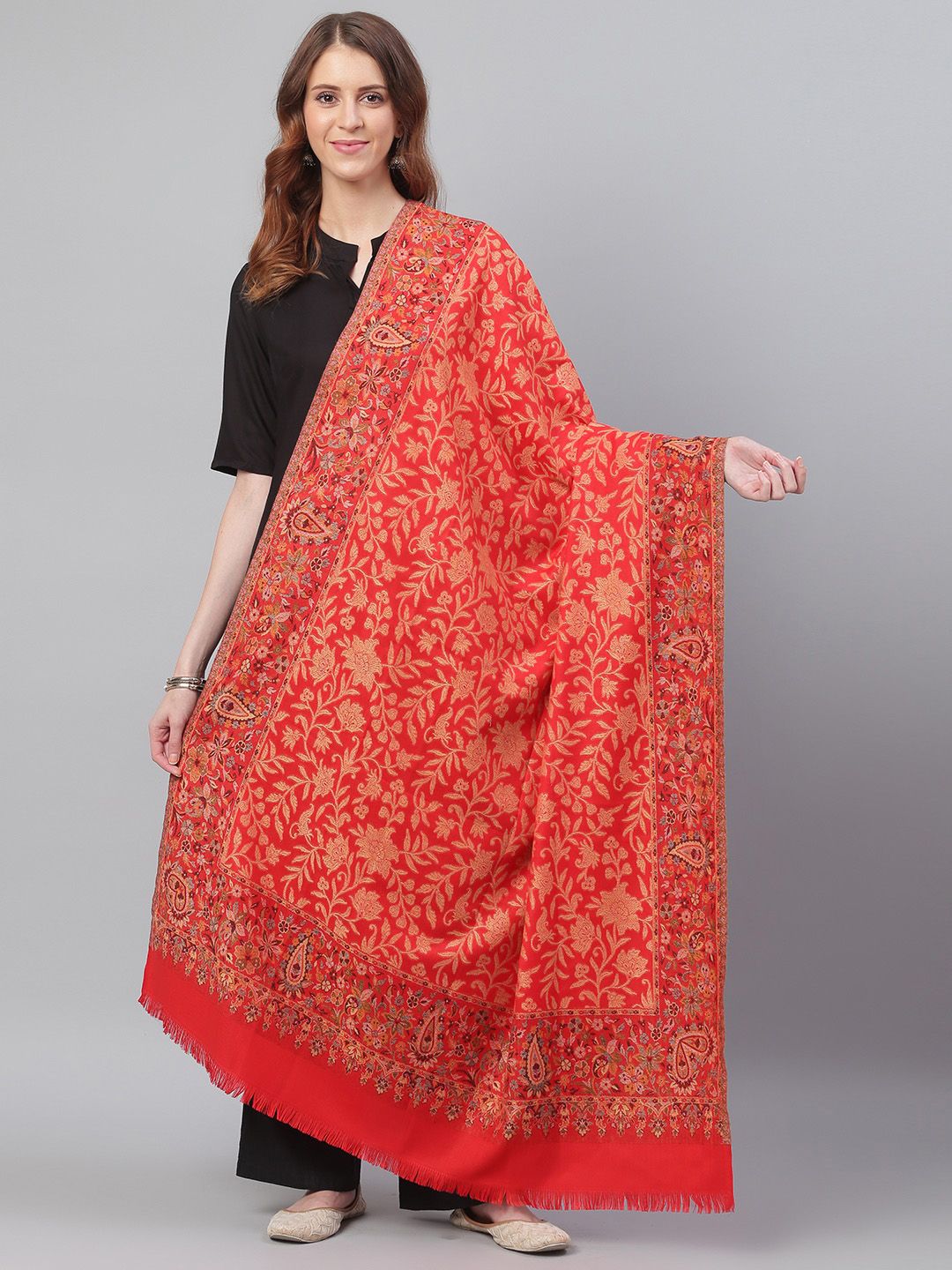 WEAVERS VILLA Women Red & Beige Woven Design Shawl Price in India