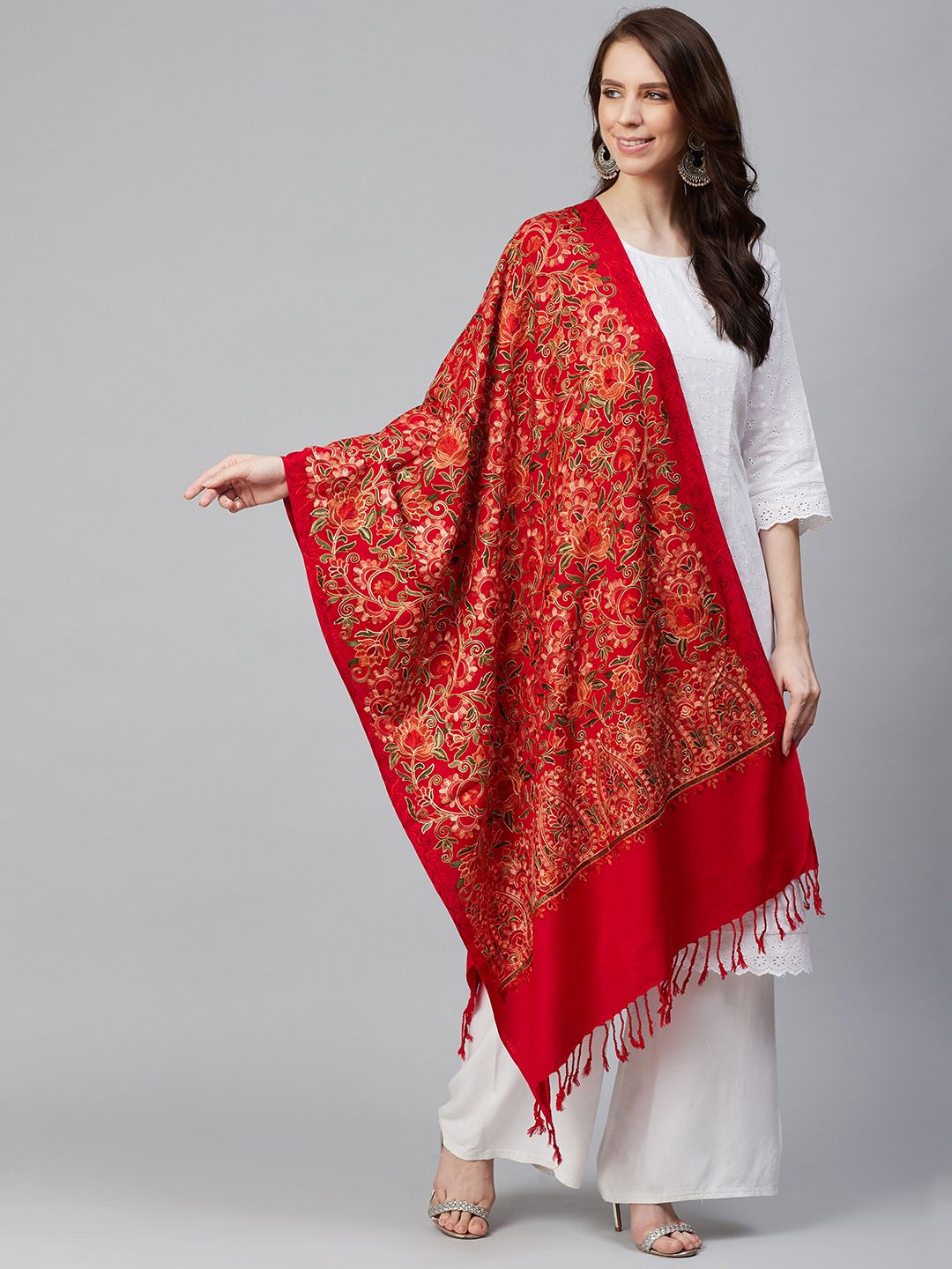 WEAVERS VILLA Women Red & Beige Embroidered Shawl Price in India