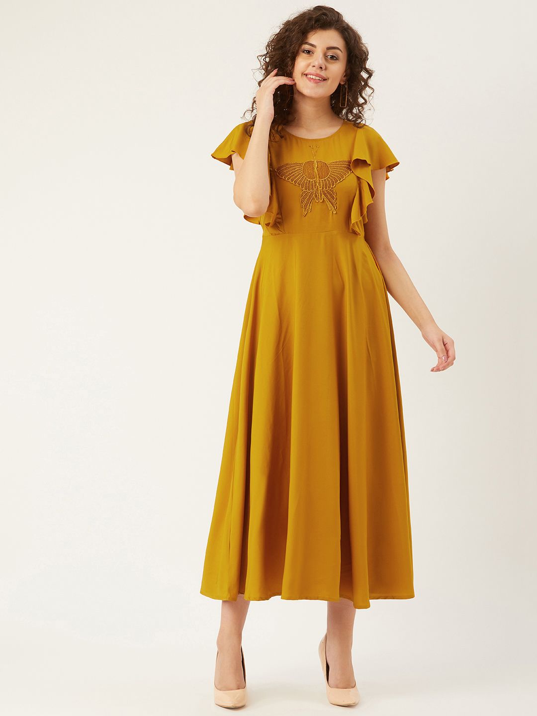 U&F Women Mustard Yellow Solid with Butterfly Applique Detail A-Line Dress Price in India