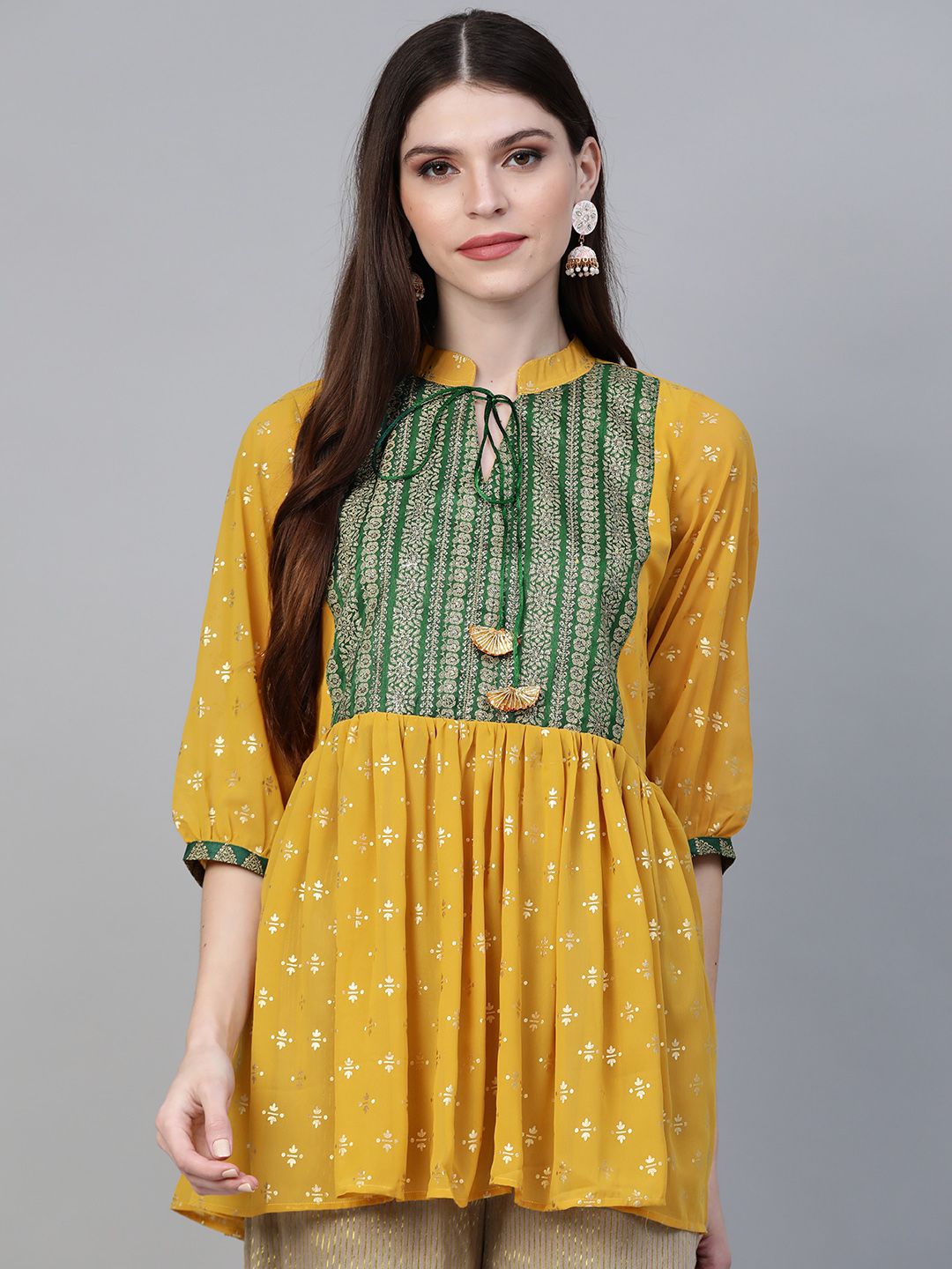 Ahalyaa Women's Mustard Yellow & Green Printed A-Line Tunic Price in India