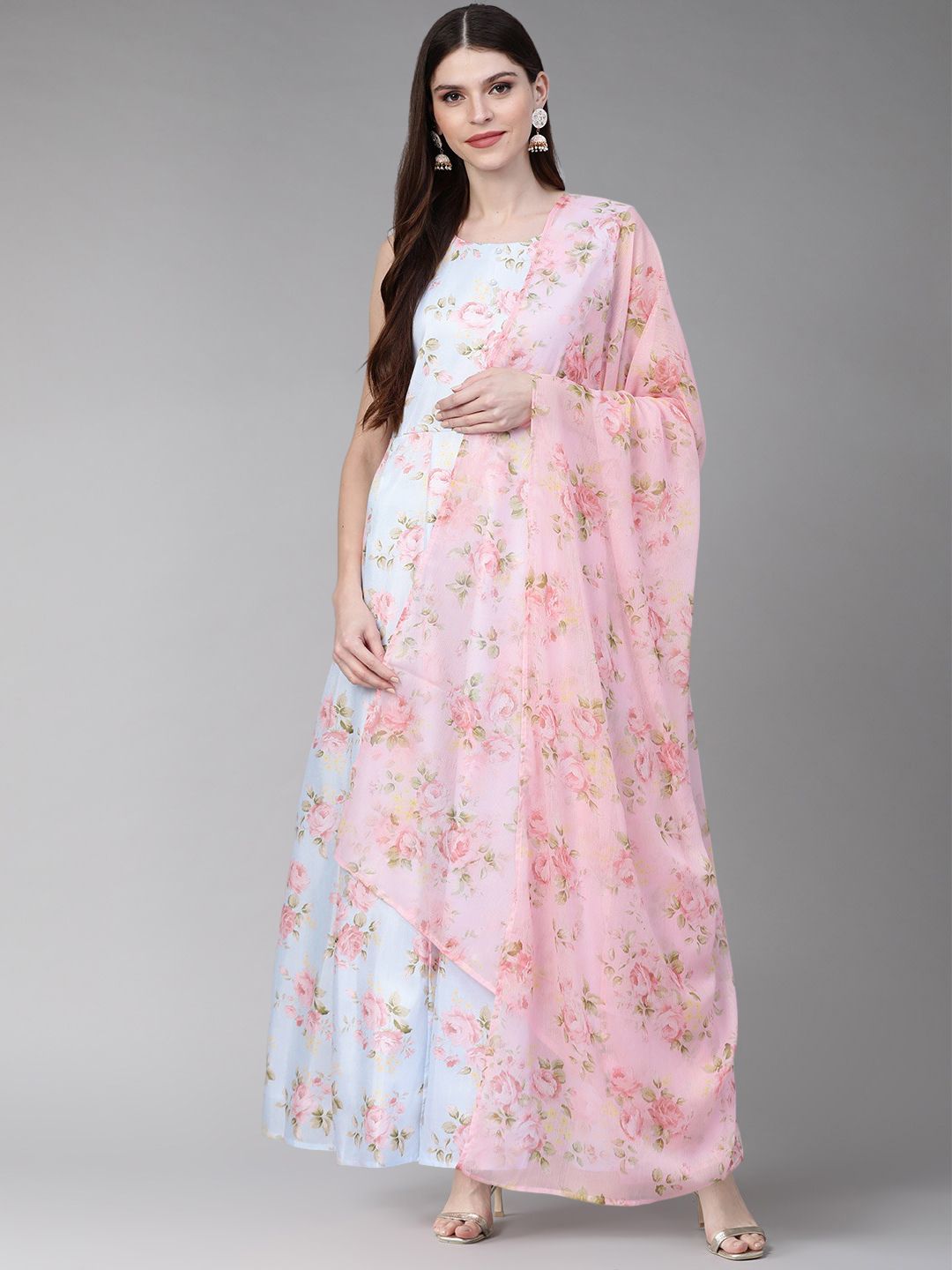 Ahalyaa Women Blue & Pink Floral Printed Anarkali Kurta with Dupatta Price in India