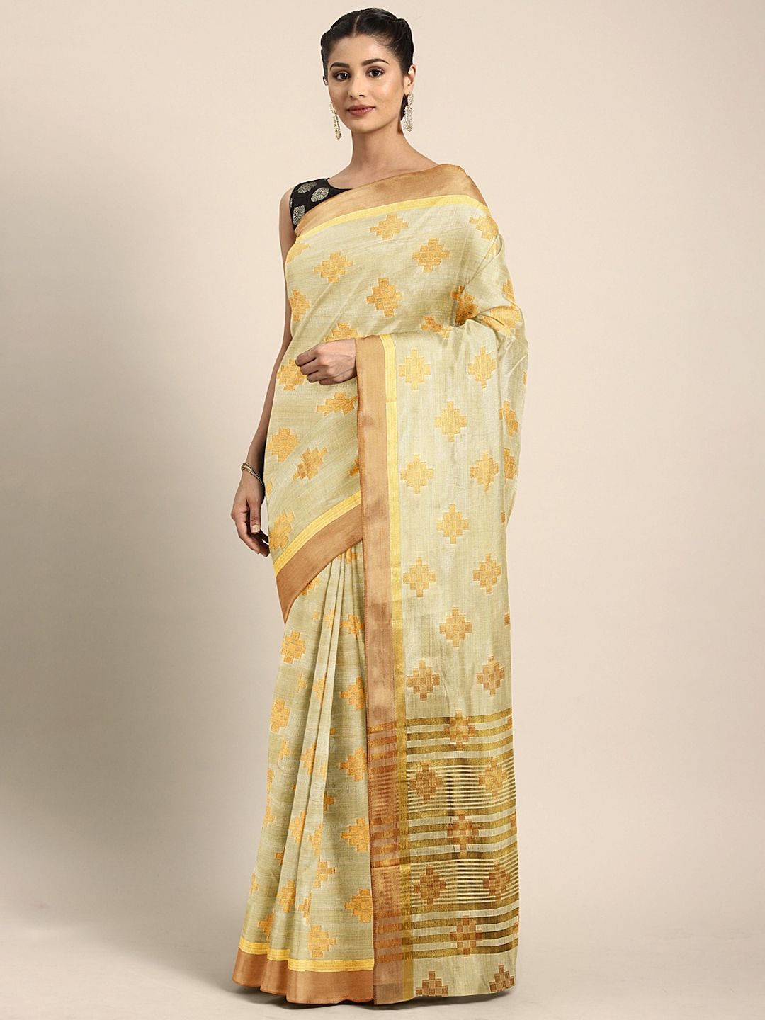 The Chennai Silks Classicate Beige & Gold-Toned Poly Silk Woven Design Saree