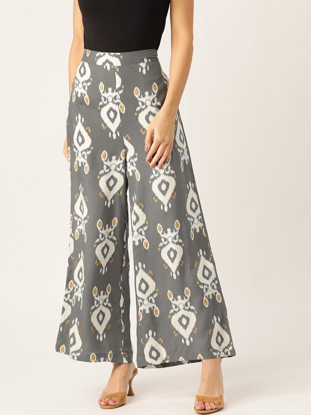 Sangria Women Grey & Off-White Printed Wide Leg Palazzos Price in India