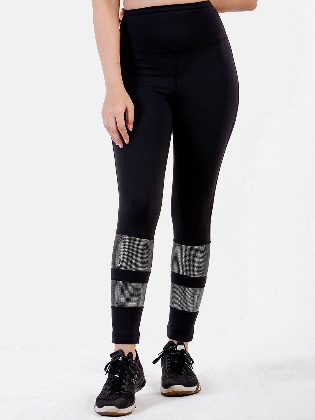 Skyria Women Black & Silver Tech Dry Sweat Wicking Gym Tights Price in India