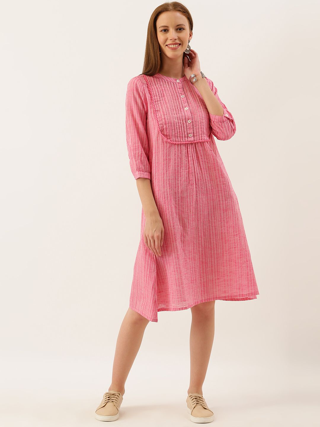 Taavi Women Pink Striped Striped Woven Legacy A-Line Dress with Pleats