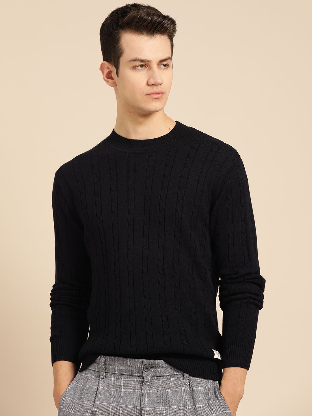 Mr Bowerbird Men Black Pure Cotton Cable Knit Sweater